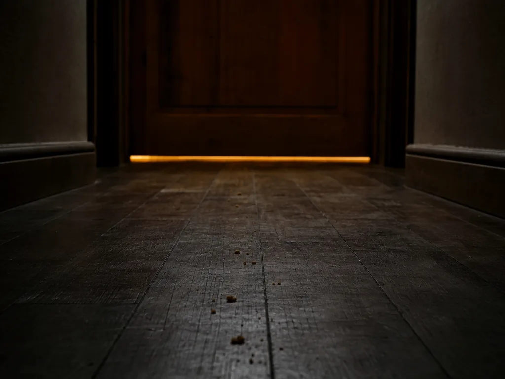 Breadcrumbing: a thin trail of bread crumbs on a dark wooden floor, ending before a closed door with light underneath.