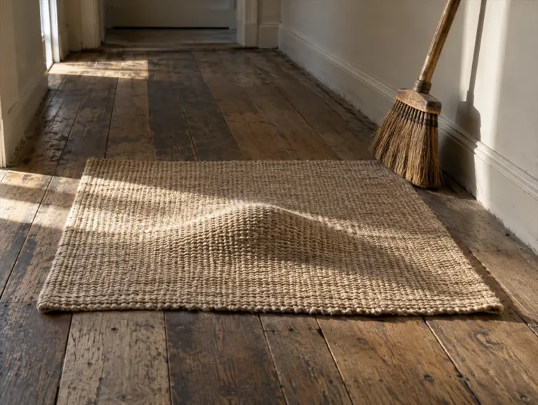 Conflict avoidance: a plain woven rug on a wooden floor with a clear lump underneath it, a broom leaning on the wall.