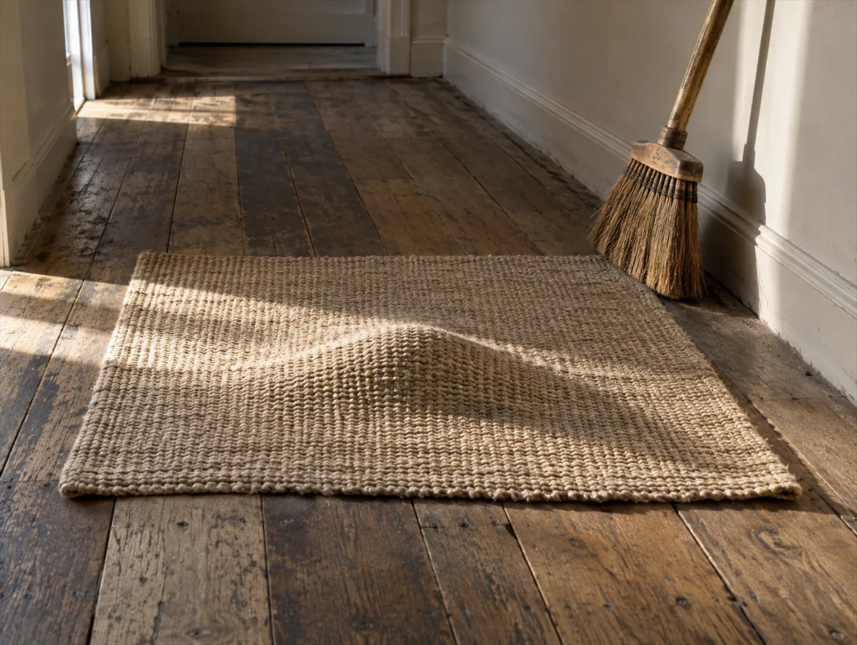 Conflict avoidance: a plain woven rug on a wooden floor with a clear lump underneath it, a broom leaning on the wall.