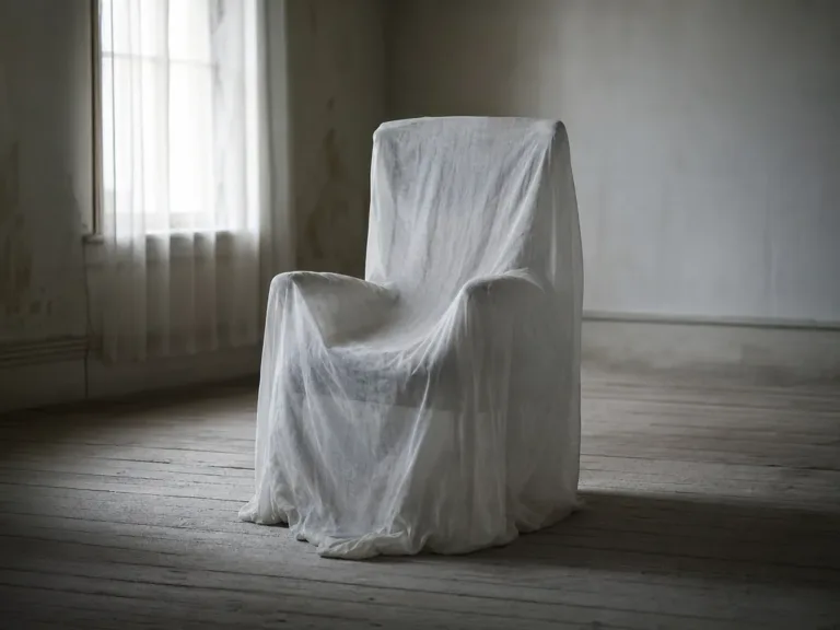 Ghosting: an empty wooden chair draped in a thin white sheet, alone in a dim room lit by pale window light.
