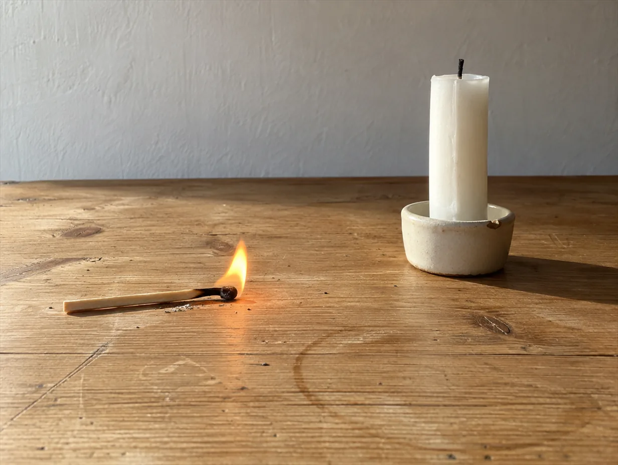Harsh startup: a struck match flaring at the tip, held over a plain wooden kitchen table beside an unlit candle.