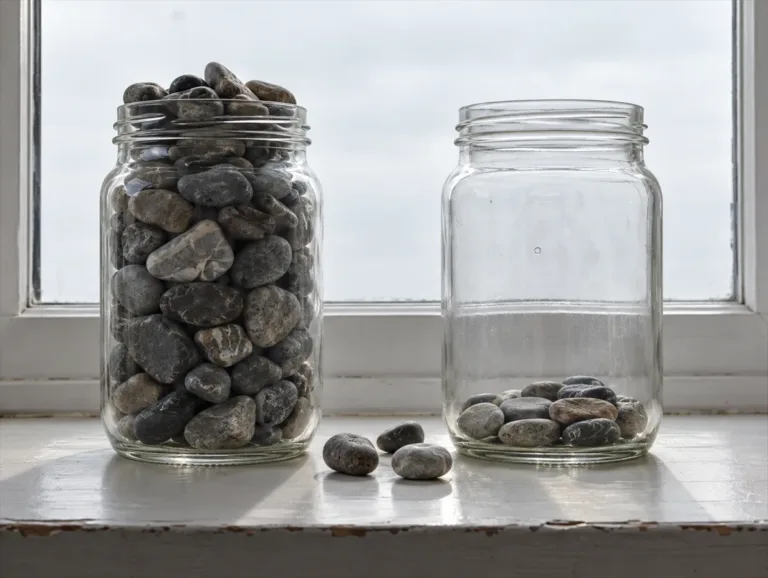 Keeping score: two glass jars of grey pebbles on a windowsill, one nearly full and one almost empty.