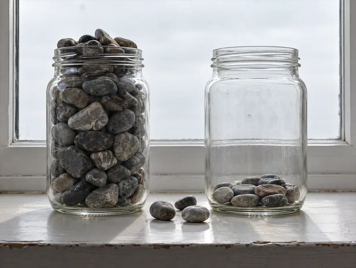 Keeping score: two glass jars of grey pebbles on a windowsill, one nearly full and one almost empty.