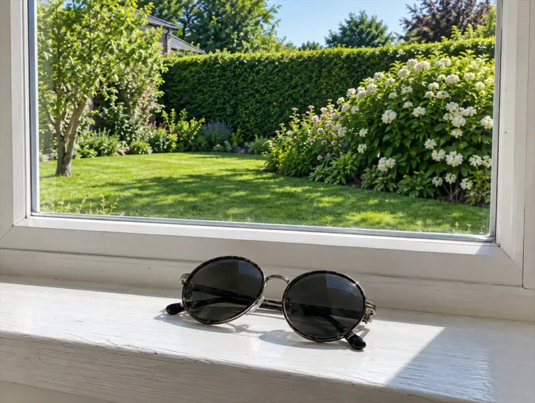 Negative sentiment override: a pair of dark tinted glasses on a sunny windowsill, a bright garden outside.