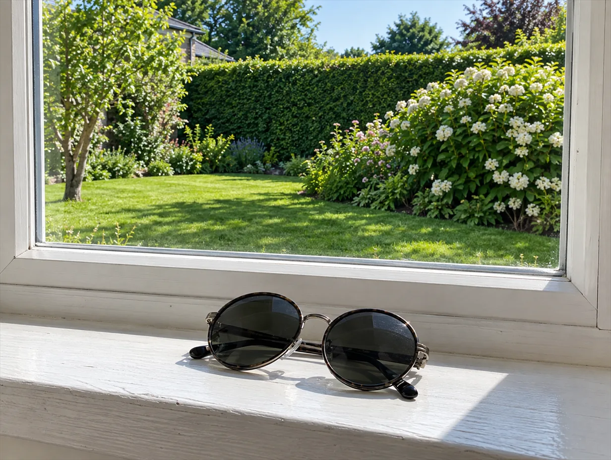 Negative sentiment override: a pair of dark tinted glasses on a sunny windowsill, a bright garden outside.