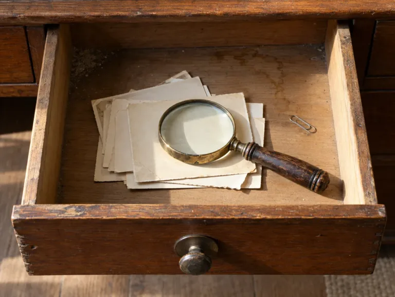 Retroactive jealousy: a magnifying glass lying over a small pile of old photographs turned face down in an open desk drawer.