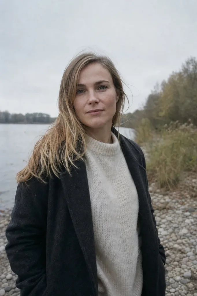 Lily Mindwell standing by a lake on a cloudy autumn day, wearing a dark coat and a cream sweater